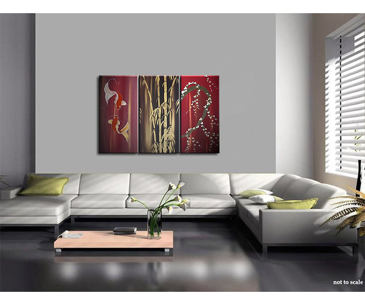 Beautiful Koi Fish Painting in Wine Reds Triptych Wall Art Bamboo Cherry Blossoms Custom 45x30