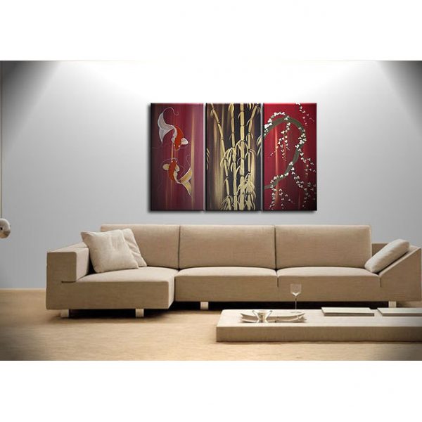Beautiful Koi Fish Painting in Wine Reds Triptych Wall Art Bamboo Cherry Blossoms Custom 45x30