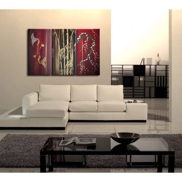 Beautiful Koi Fish Painting in Wine Reds Triptych Wall Art Bamboo Cherry Blossoms Custom 45x30
