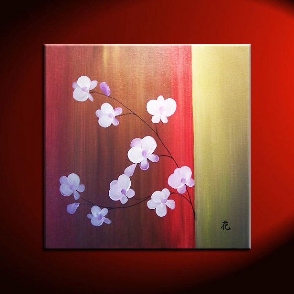 Beautiful Orchid Painting Red and Gold with Delicate Flowers Original Wall Art Home Decor Square Custom 30x30