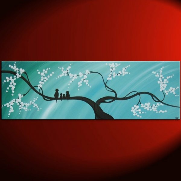 Bird Family Painting Original Modern Textured Tree Blossom Art Blue Sky on Stretched Canvas Custom Personalized 48x24
