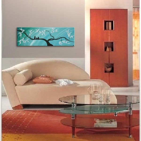 Bird Family Painting Original Modern Textured Tree Blossom Art Blue Sky on Stretched Canvas Custom Personalized 48x24