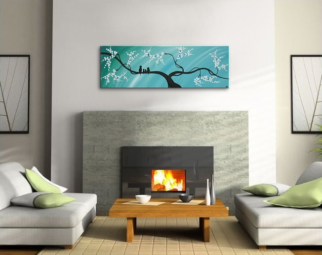 Bird Family Painting Original Modern Textured Tree Blossom Art Blue Sky on Stretched Canvas Custom Personalized 48x24