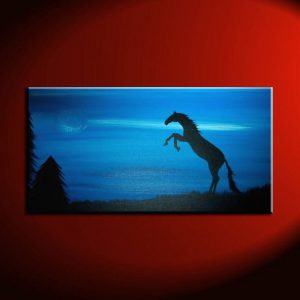 Blue Horse Painting Silhouette Mustang Rearing Powerful Passionate Animal Art Wall Art Moon Home Decor Custom 30x15