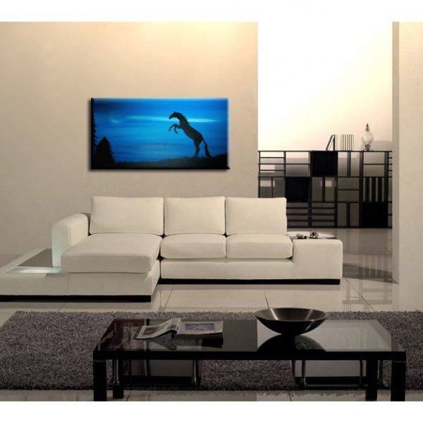 Blue Horse Painting Silhouette Mustang Rearing Powerful Passionate Animal Art Wall Art Moon Home Decor Custom 30x15
