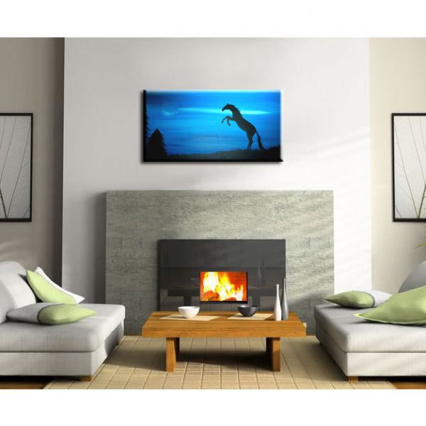 Blue Horse Painting Silhouette Mustang Rearing Powerful Passionate Animal Art Wall Art Moon Home Decor Custom 30x15