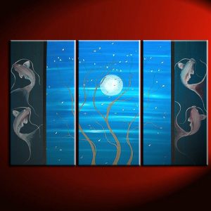 Blues Koi Fishes and Delicate Tree with Blossoms Painting Moon Cherry Blossom Triptych Original Art Custom 45x30