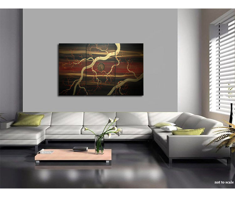 Brilliant Night Sky Zen Painting with Plum Blossoms Black Dark Red Gold Triptych Wall Art