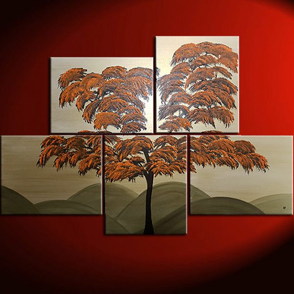 Burnt Orange Tree Painting Unique Layout Original Gold HUGE Modern Asian Abstract Wall Art Home Decor Custom 56x40