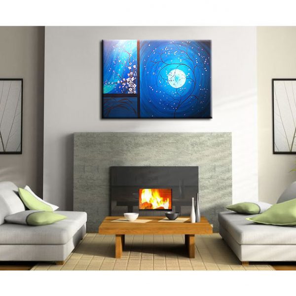 Cherry Blossom Grasses Moon and Plum Blossom Painting Original Art Blue Wall Art Home Decor Custom 36x24