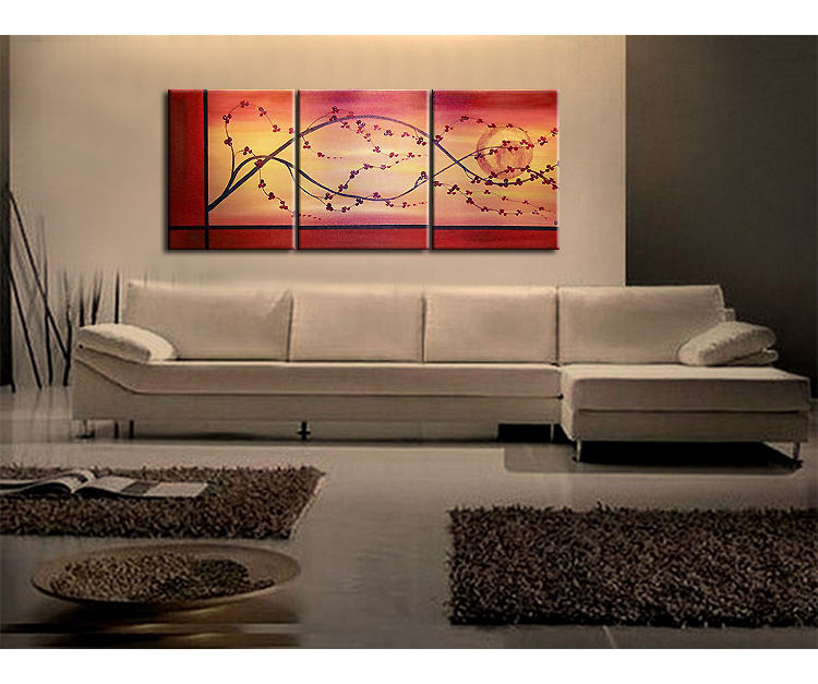 Cherry Blossom Painting Branch and Moon on Gold and Red Canvas Acrylic Triptych Painting Japanese Chinese Asian Wall Art