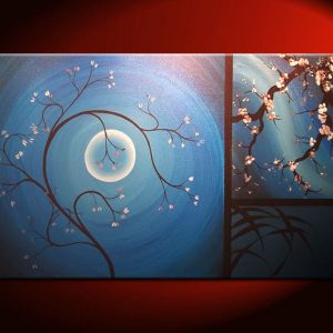 Delicate Cherry Blossom Grasses Moon and Plum Blossom Painting Original Art Blue Wall Art Home Decor Custom 36x24