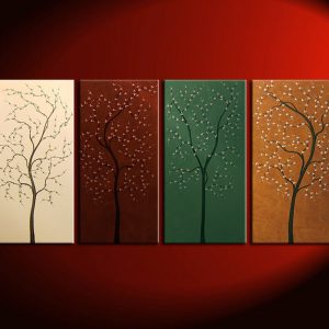 Four Seasons Tree Painting Acrylic Wall Art Original Artwork Home Decor 60x30 Custom Brown Green Beige