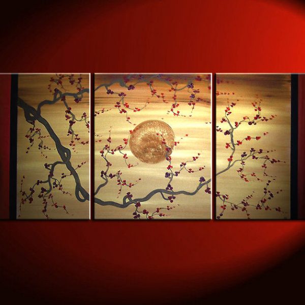 Gnarled Plum Blossom Painting Branch and Moon on Gold and Red Canvas Acrylic Triptych Painting Japanese Wall Art