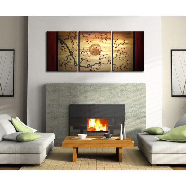 Gnarled Plum Blossom Painting Branch and Moon on Gold and Red Canvas Acrylic Triptych Painting Japanese Wall Art