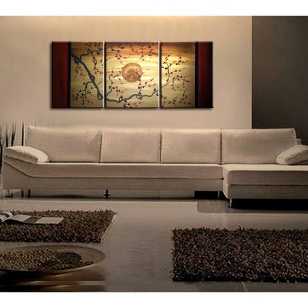 Gnarled Plum Blossom Painting Branch and Moon on Gold and Red Canvas Acrylic Triptych Painting Japanese Wall Art
