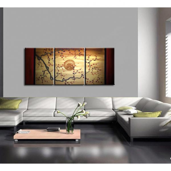 Gnarled Plum Blossom Painting Branch and Moon on Gold and Red Canvas Acrylic Triptych Painting Japanese Wall Art
