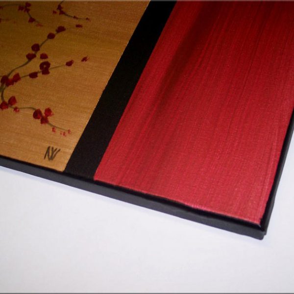 Gnarled Plum Blossom Painting Branch and Moon on Gold and Red Canvas Acrylic Triptych Painting Japanese Wall Art