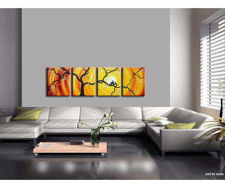 Huge Bird Family Painting Bright Yellow Orange Happy Wall Art Love Birds Cherry Blossoms 64x20 Custom Personalized
