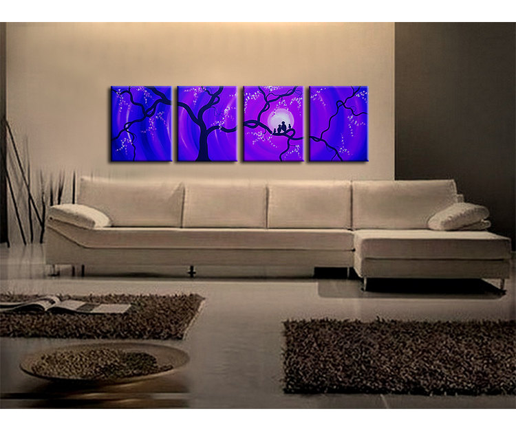 Huge Bird Family Painting Purple Blue Large Wall Art Love Birds Cherry Blossoms 64x20 Custom Personalized