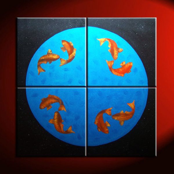 Koi Fish Painting Large Wall Art Black Blue and Orange Zen Asian Chinese Abstract Decor Oversized Custom 60x60