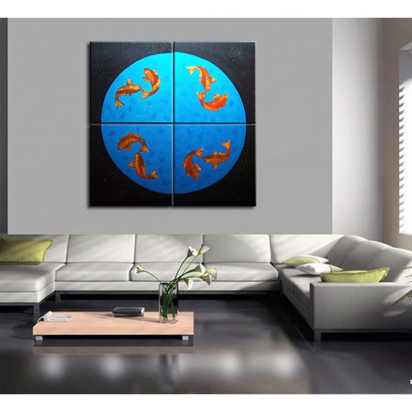 Koi Fish Painting Large Wall Art Black Blue and Orange Zen Asian Chinese Abstract Decor Oversized Custom 60x60