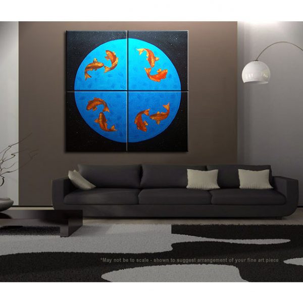 Koi Fish Painting Large Wall Art Black Blue and Orange Zen Asian Chinese Abstract Decor Oversized Custom 60x60