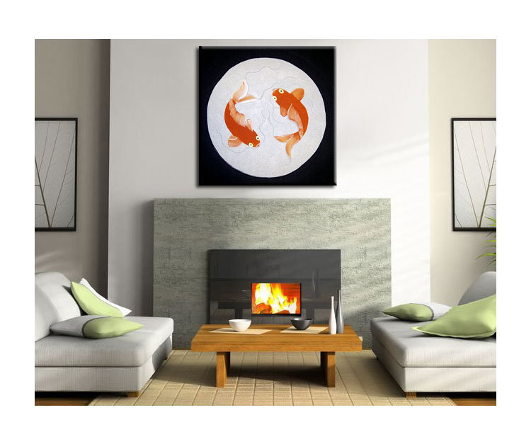 Koi Fish Painting Silver Black Chinese Zen Wall Art Style Original Art Zen Home Decor Custom 30x30