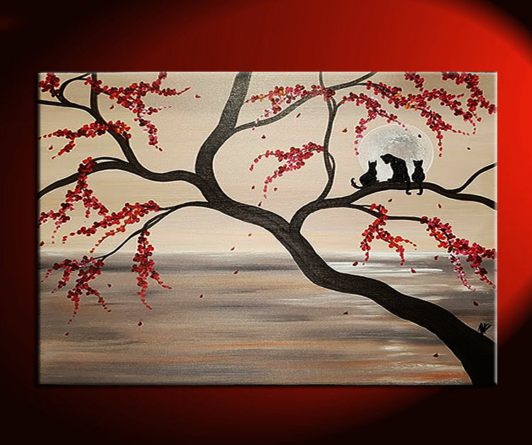 Large Cat Painting Seascape Cherry Blossoms Sepia Huge Artwork Wall Art Custom Personalize 40x30