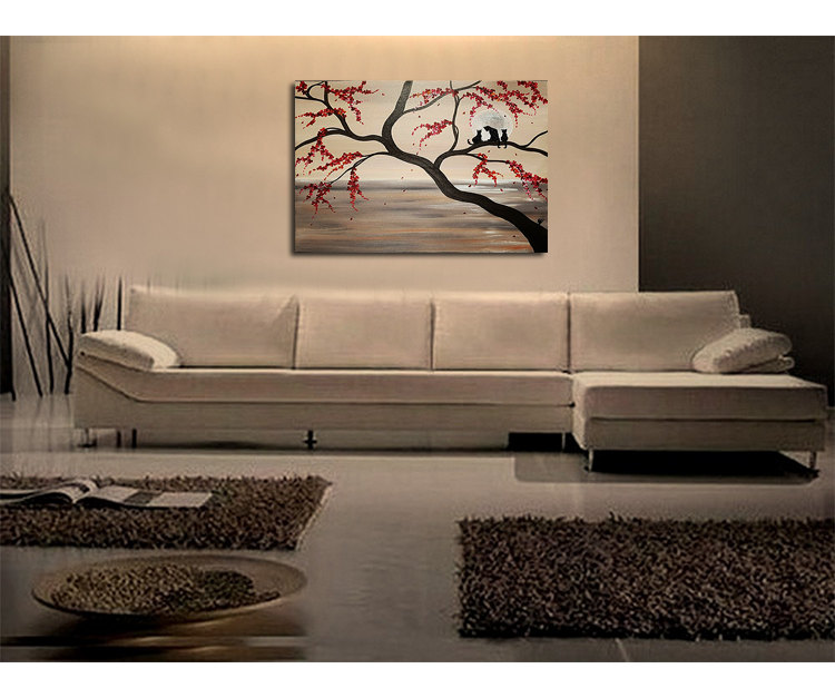 Large Cat Painting Seascape Cherry Blossoms Sepia Huge Artwork Wall Art Custom Personalize 40x30