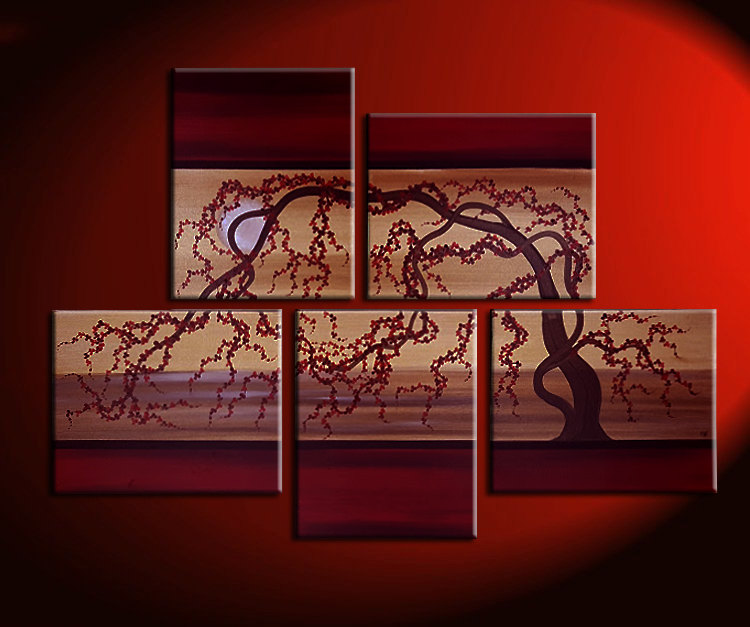 Large Painting Original Artwork Huge Wall Art Red Gold Cherry Blossom Tree Seascape Unique Multiple Canvases Artist Nathalie Van
