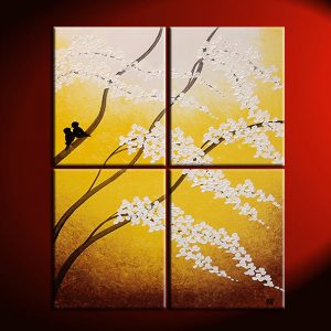 Large Painting Yellow Cherry Blossom Textured Wall Art Home Decor Love Birds 32x40 or Larger Custom Sizes