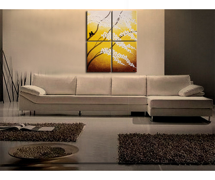 Large Painting Yellow Cherry Blossom Textured Wall Art Home Decor Love Birds 32x40 or Larger Custom Sizes