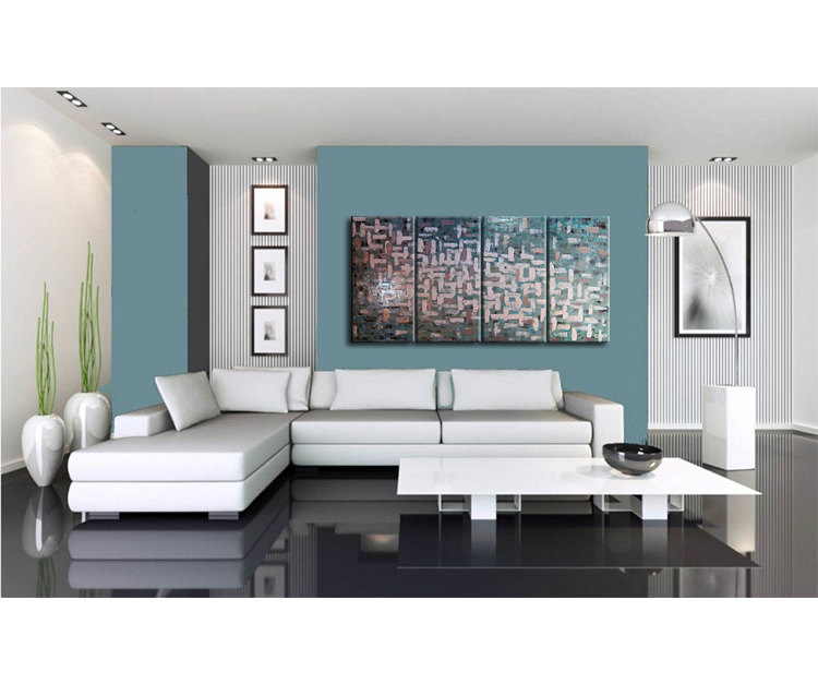 Large Turquoise Abstract Painting Grey White Accents Textured Modern Art 60x30 Custom Sizing Available