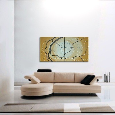Original Japanese Cherry Blossom Painting Large Abstract Art Ochre with White Blossoms Custom Huge 60x30