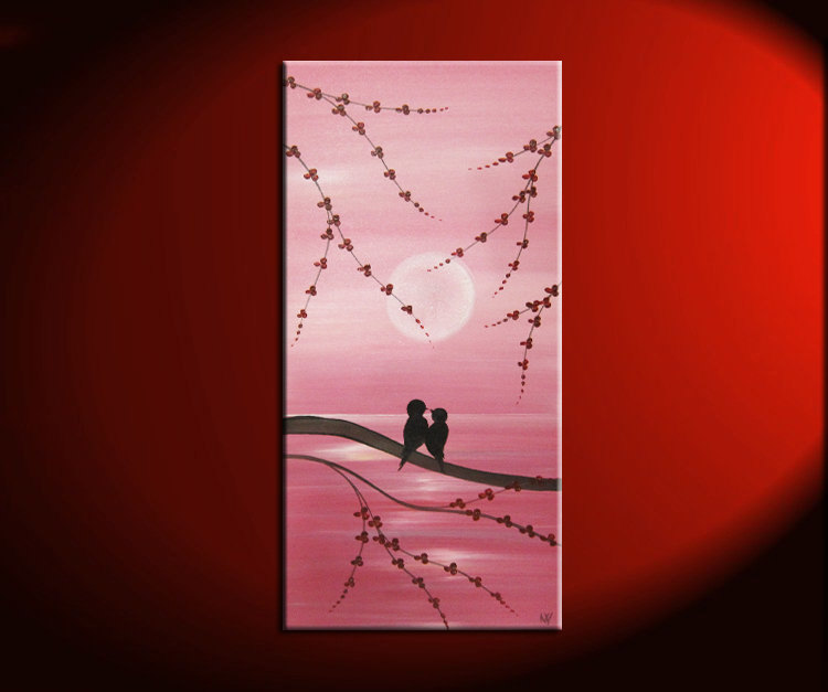 Pink Love Bird Painting Original Wall Art Seascape with Cherry Blossoms Accent Size Valentines Gift  by Nathalie Van