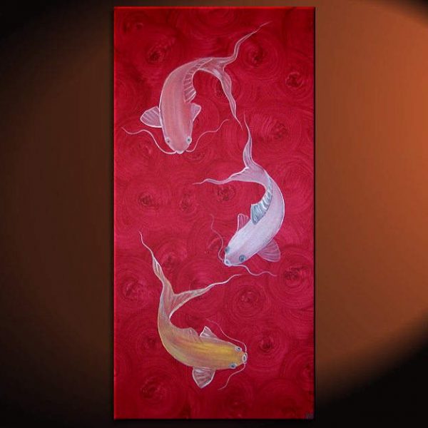 Red Koi Fish Painting Chinese Zen Wall Art Style Original Art Zen Home Decor Japanese Artwork Custom 15x30