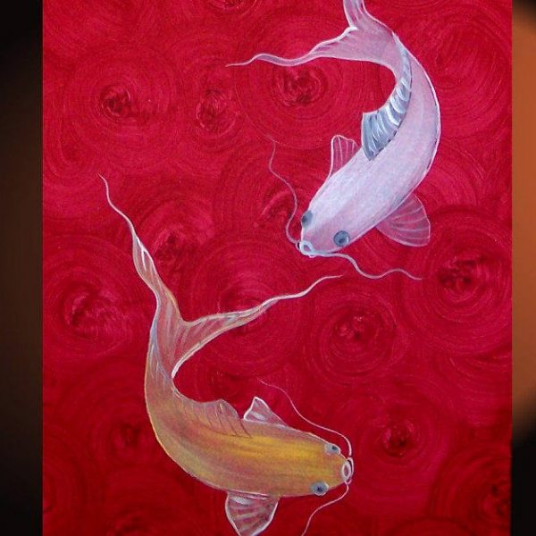 Red Koi Fish Painting Chinese Zen Wall Art Style Original Art Zen Home Decor Japanese Artwork Custom 15x30