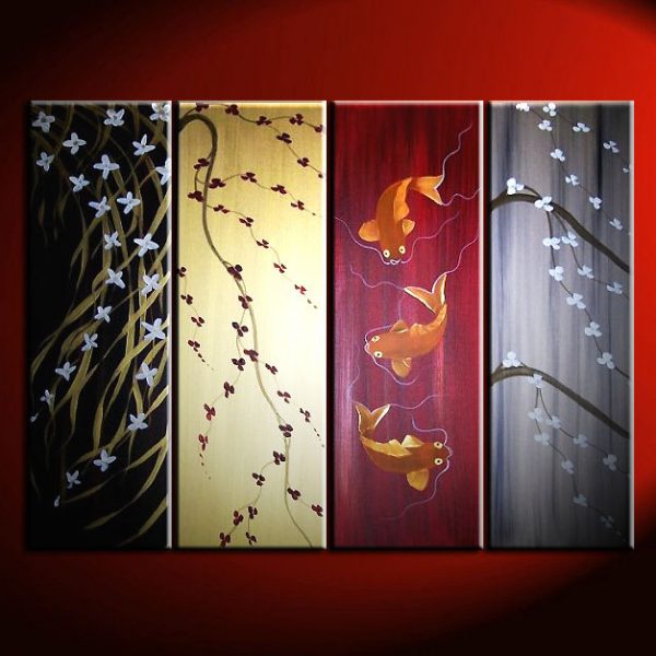Wild Orchids, Cherry Blossoms, Koi Fishes Painting in Black, Gold, Reds and Grays Custom Artwork 48x36