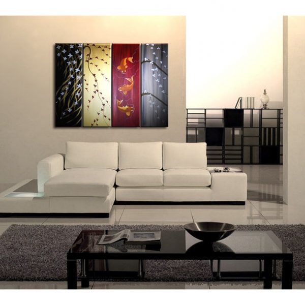 Wild Orchids, Cherry Blossoms, Koi Fishes Painting in Black, Gold, Reds and Grays Custom Artwork 48x36