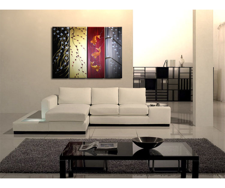 Wild Orchids, Cherry Blossoms, Koi Fishes Painting in Black, Gold, Reds and Grays Custom Artwork 48x36