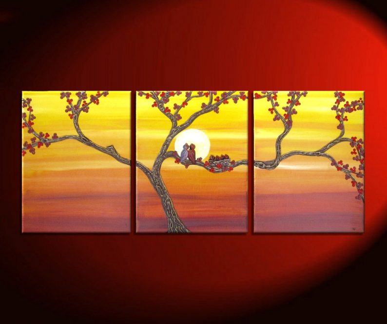Cardinal Painting Bird Family Sunset Art Nesting Birds and Love birds